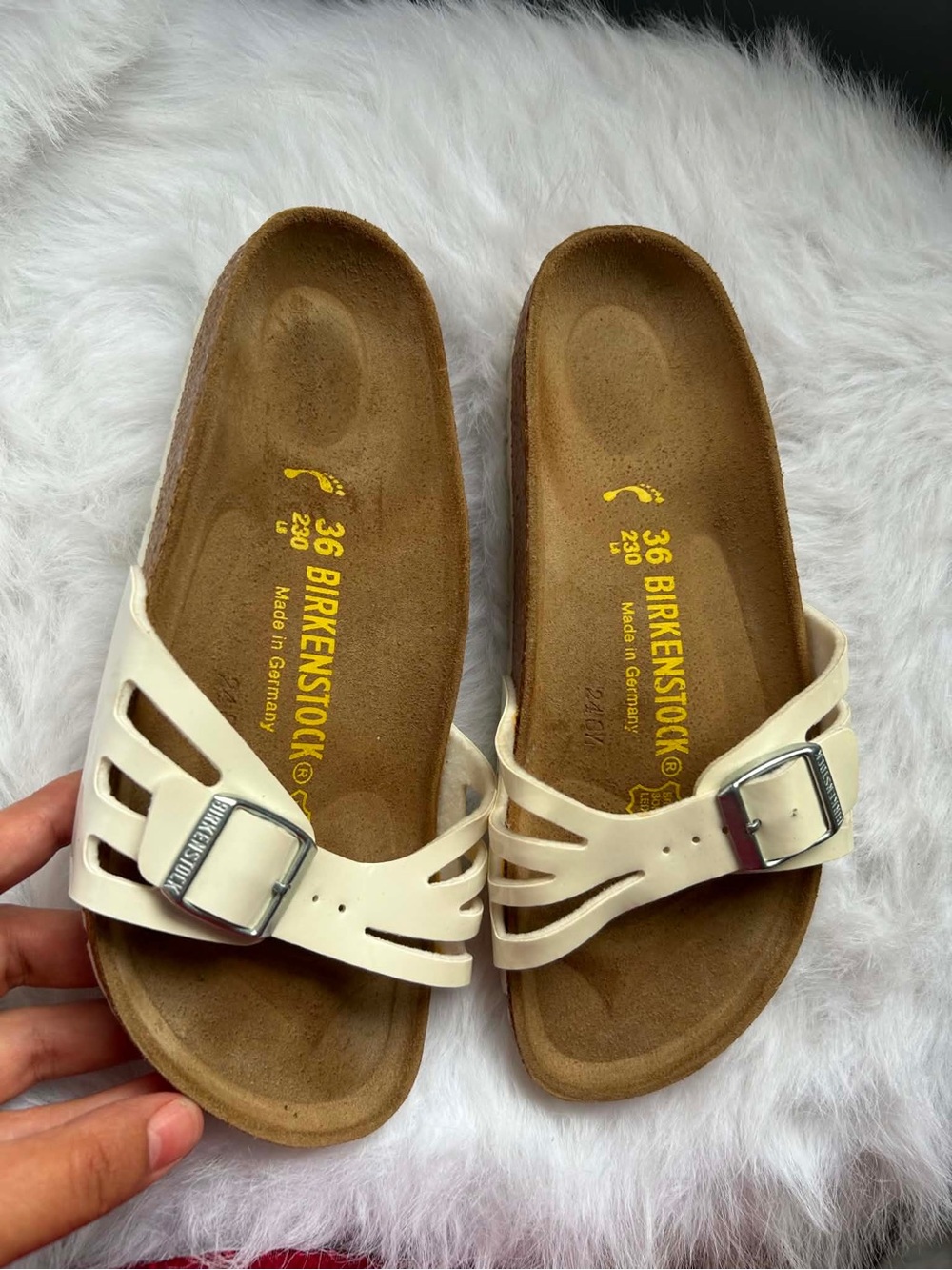 Birkenstock Cream Leather Slip-On Sandals with Silver Buckles